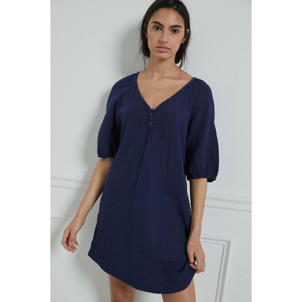 Anthropologie | Taylor Puff-Sleeved Tunic Dress Small Navy Blue Cotton Gauze‎